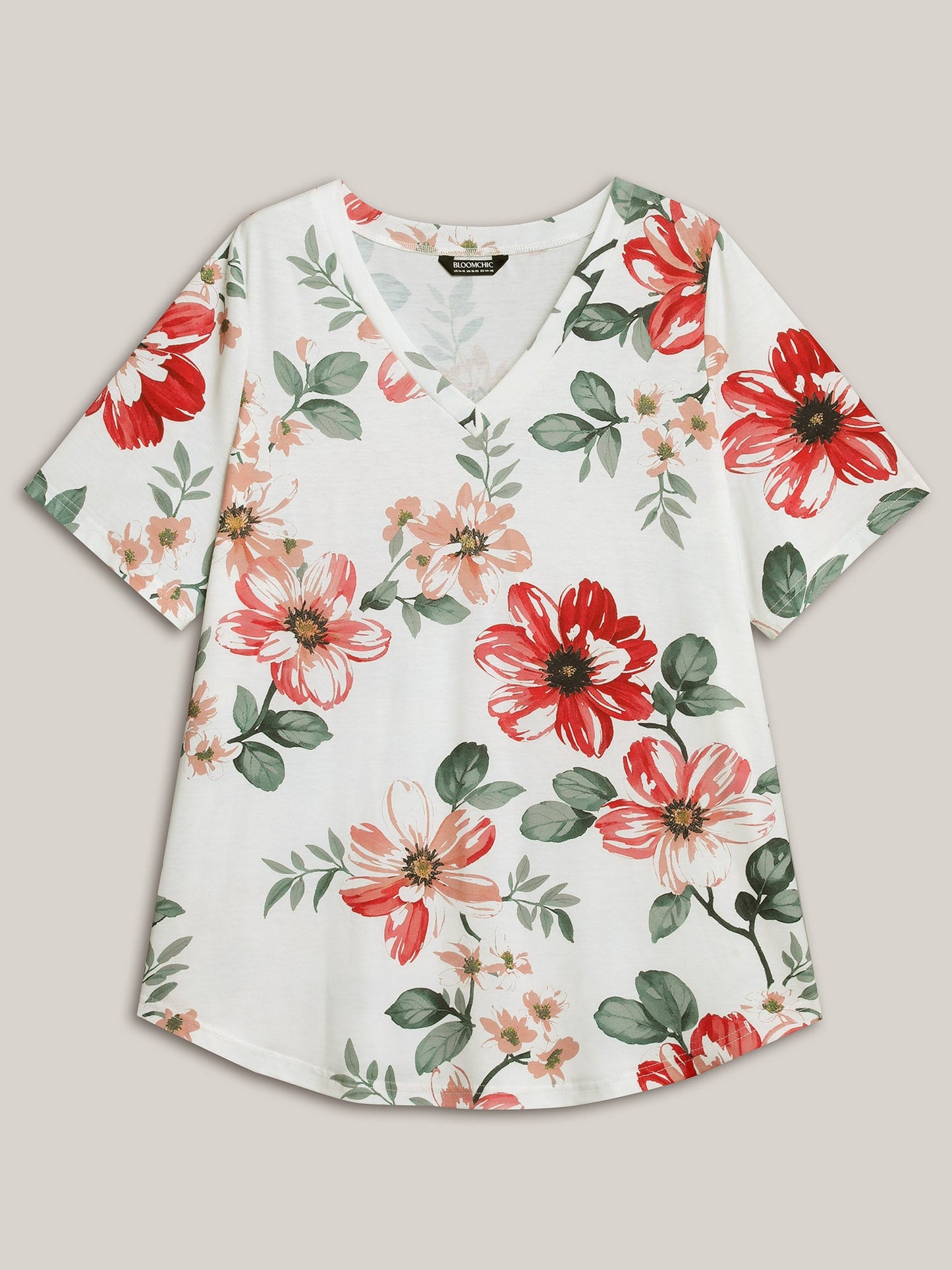 Mehrfarbiges Blumendruck V-Ausschnitt T-Shirt