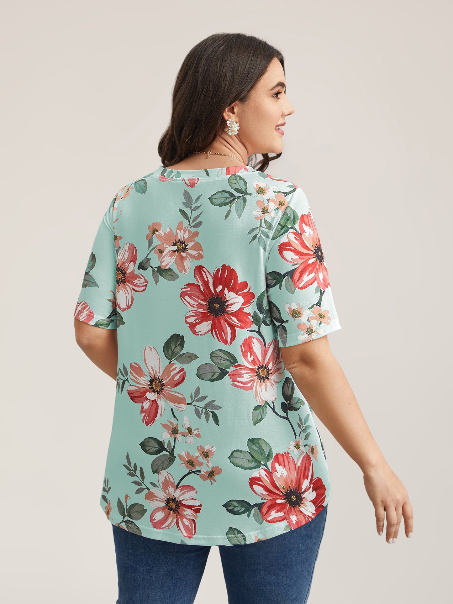Mehrfarbiges Blumendruck V-Ausschnitt T-Shirt