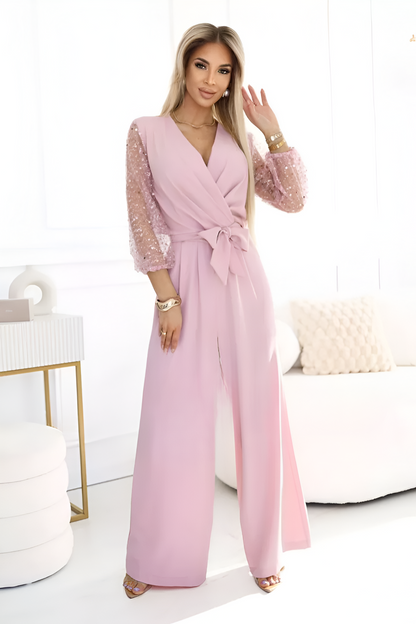 Iri – Eleganter Jumpsuit mit V-Ausschnitt & glitzernden Ärmeln