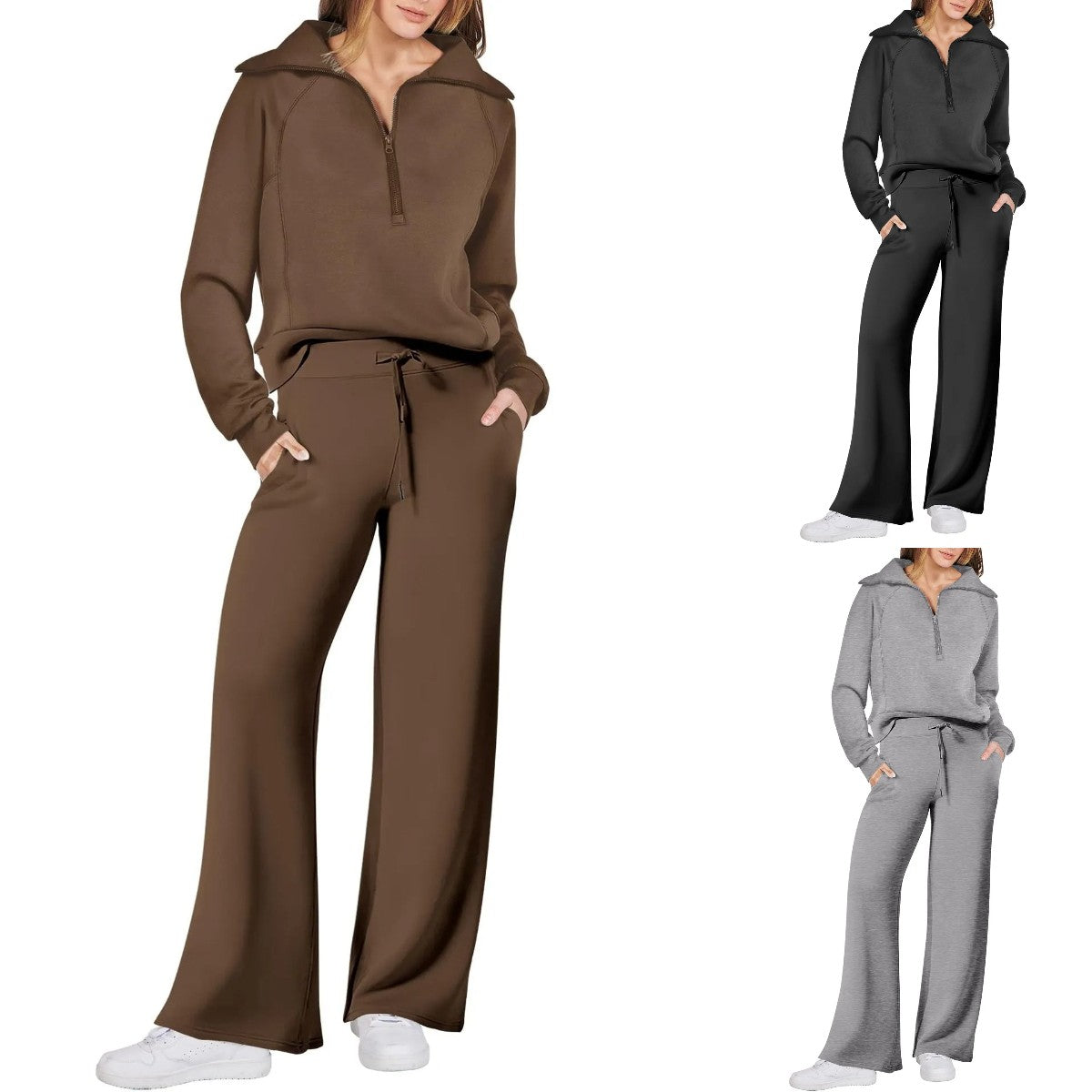 Navy - Half Zip Sweatshirt + Wide Leg Sweatpant Set
