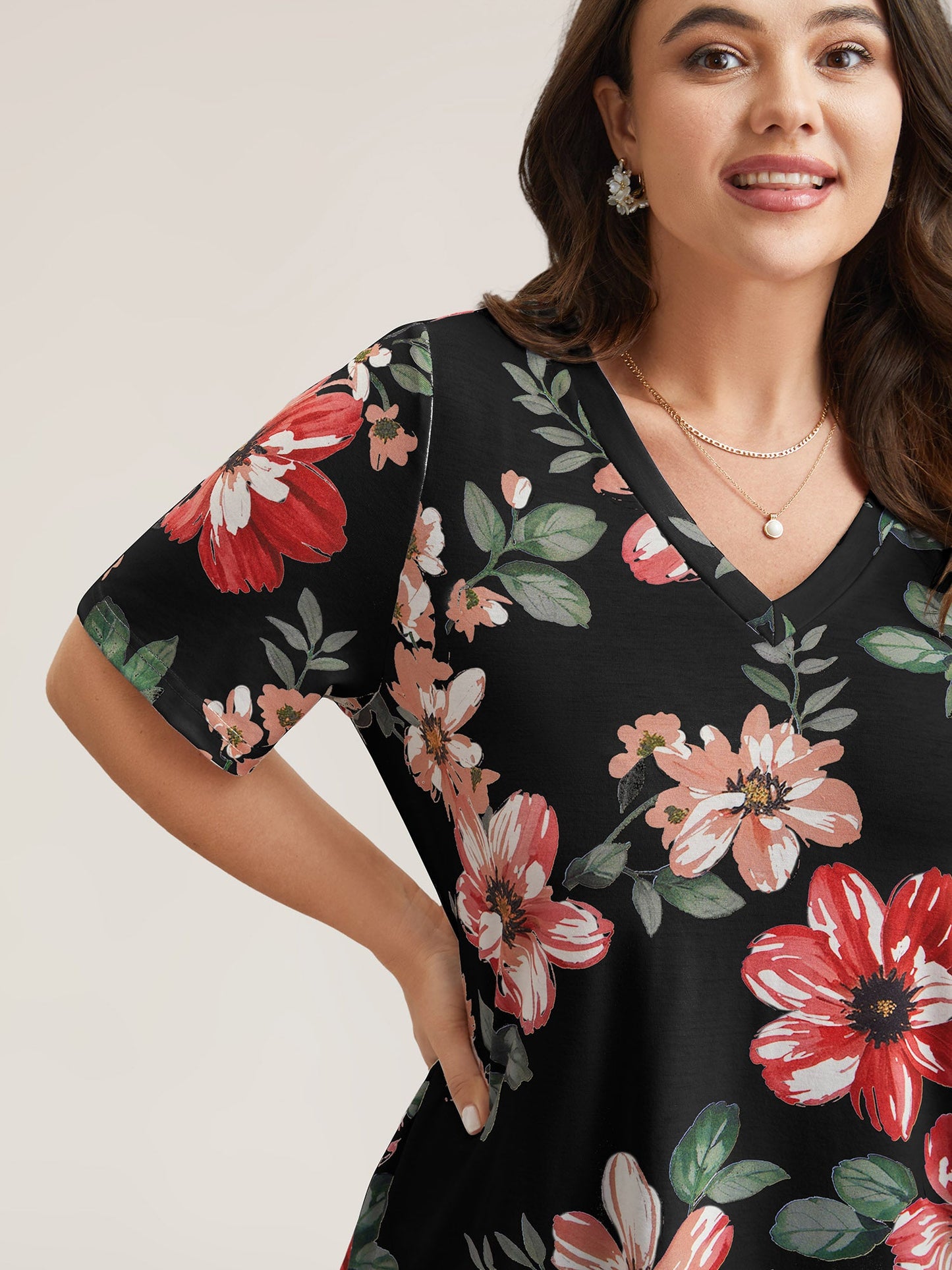 Mehrfarbiges Blumendruck V-Ausschnitt T-Shirt