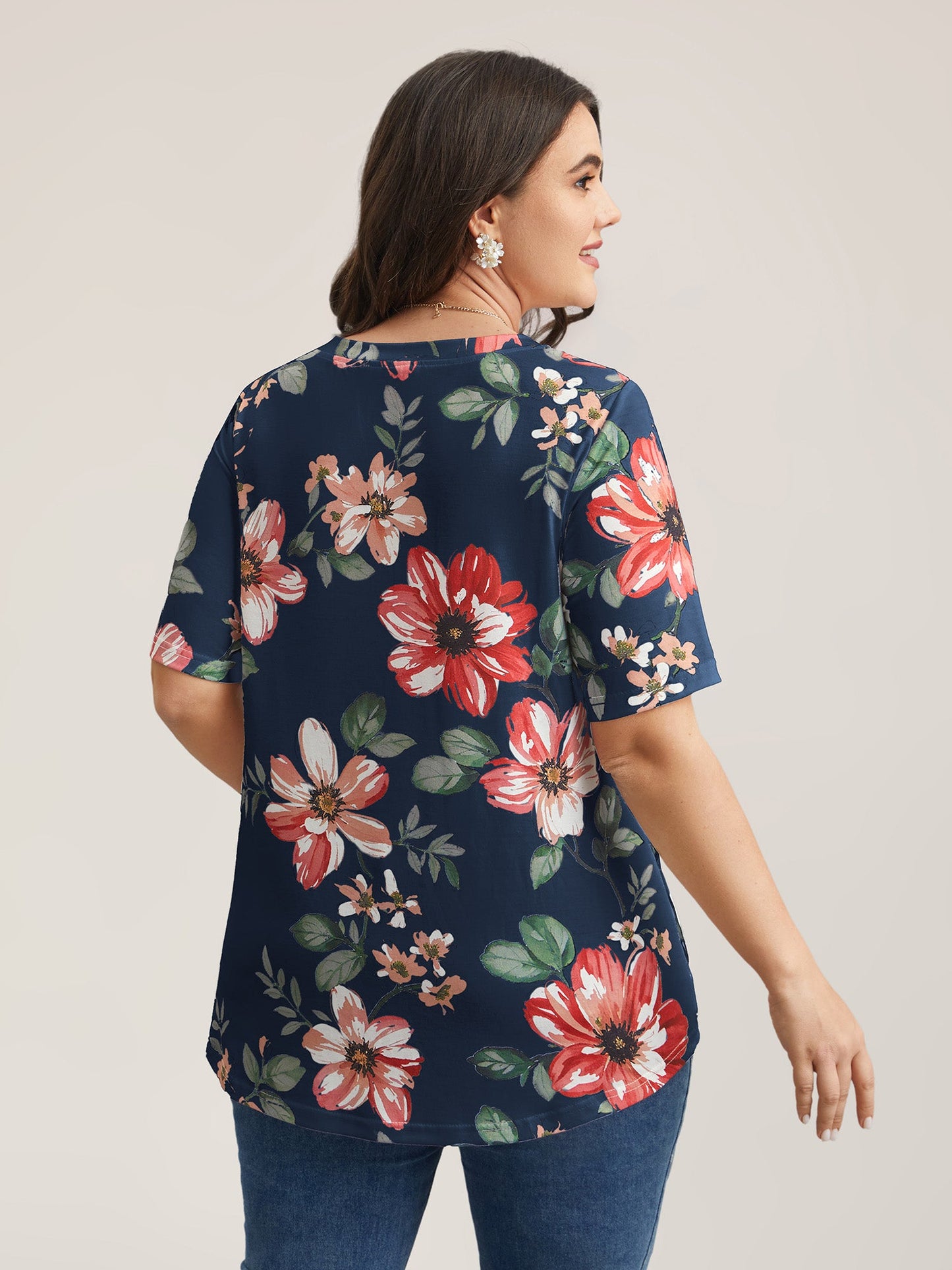 Mehrfarbiges Blumendruck V-Ausschnitt T-Shirt