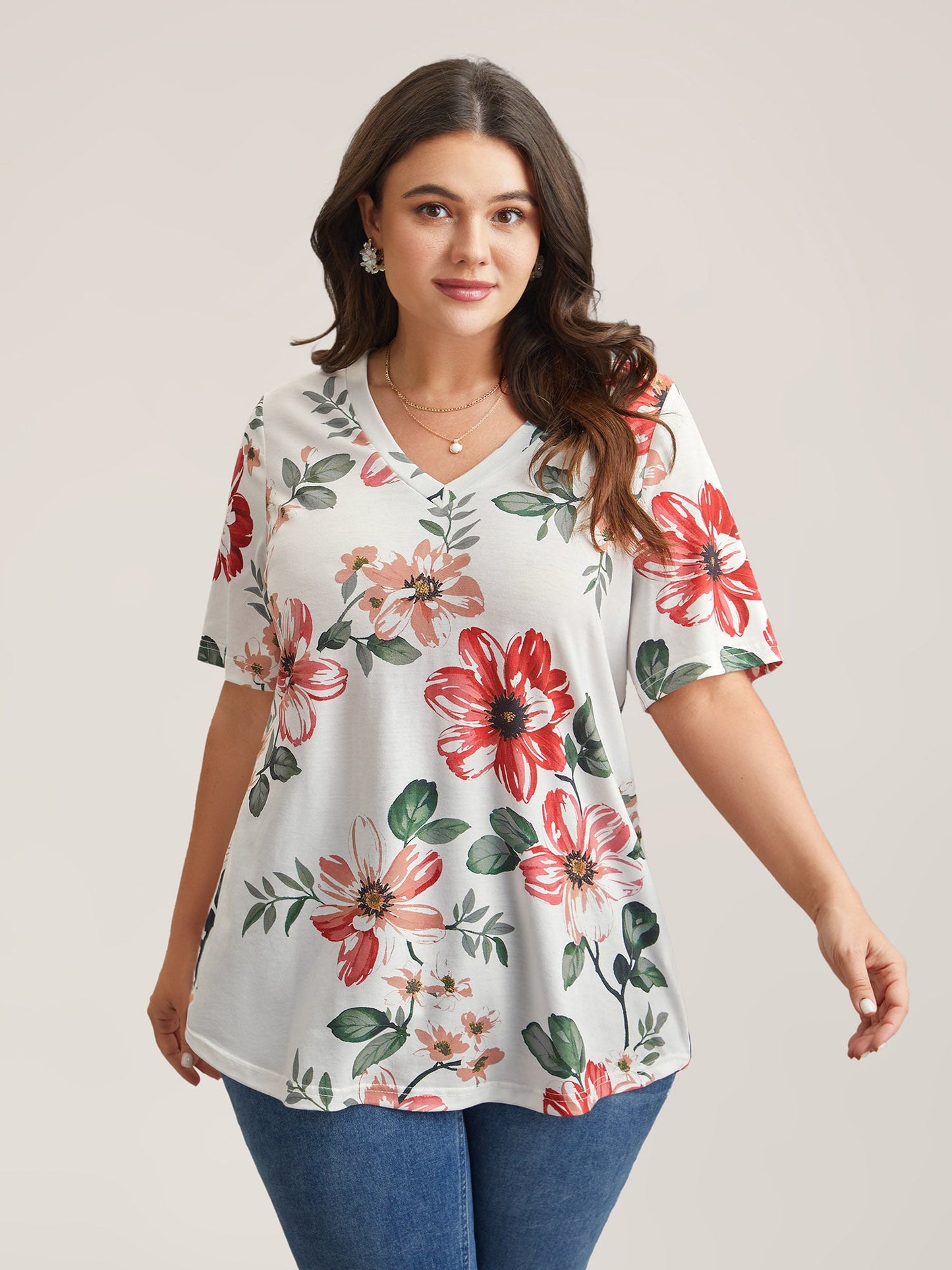 Mehrfarbiges Blumendruck V-Ausschnitt T-Shirt