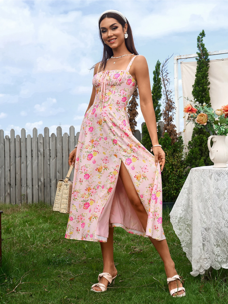 Gerüschtes Bustier Kleid mit Spalt und Trägern