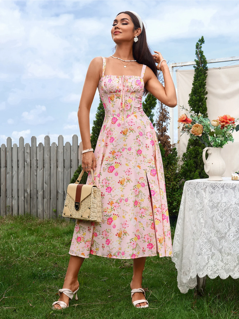 Gerüschtes Bustier Kleid mit Spalt und Trägern