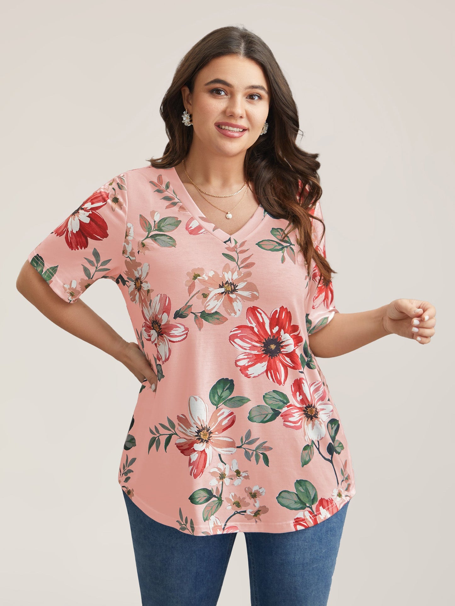 Mehrfarbiges Blumendruck V-Ausschnitt T-Shirt