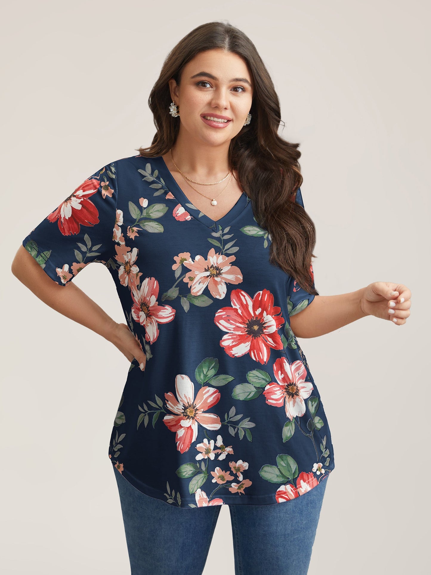 Mehrfarbiges Blumendruck V-Ausschnitt T-Shirt