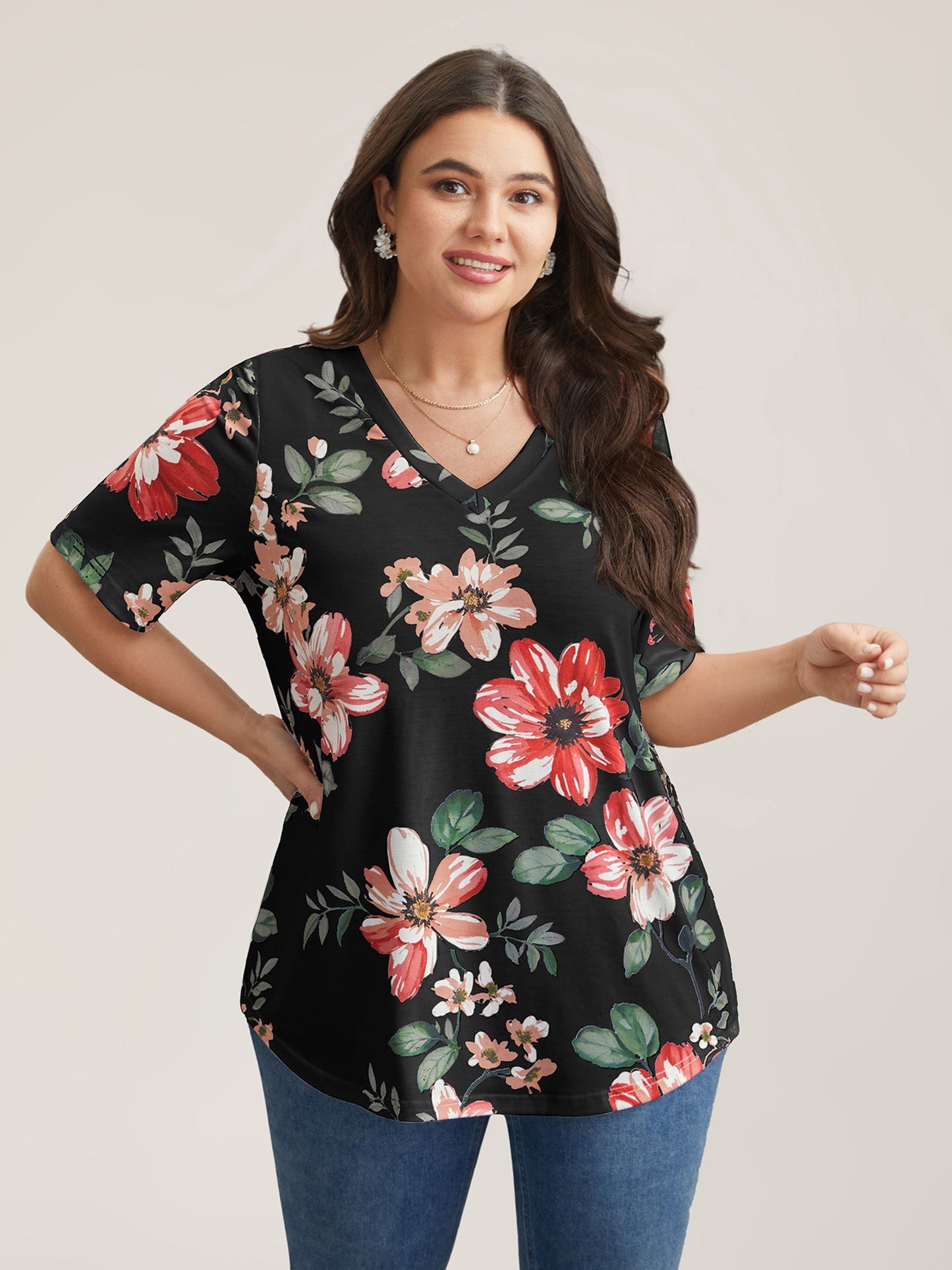 Mehrfarbiges Blumendruck V-Ausschnitt T-Shirt