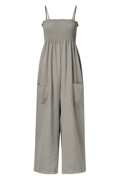 Geraffter Spaghetti-Träger weiter Beinausschnitt Jumpsuit