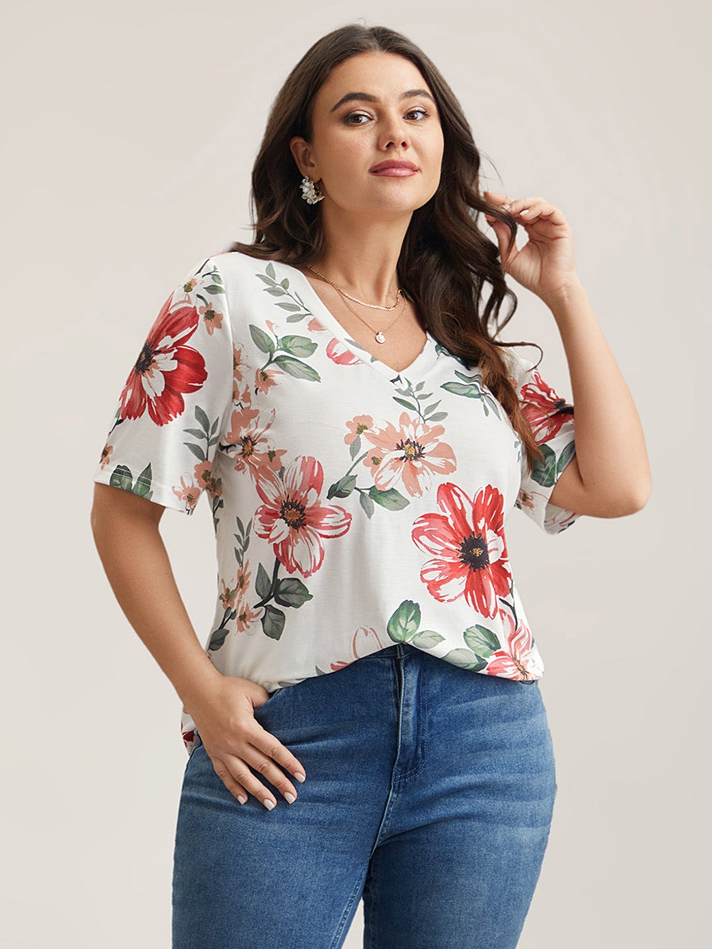 Mehrfarbiges Blumendruck V-Ausschnitt T-Shirt