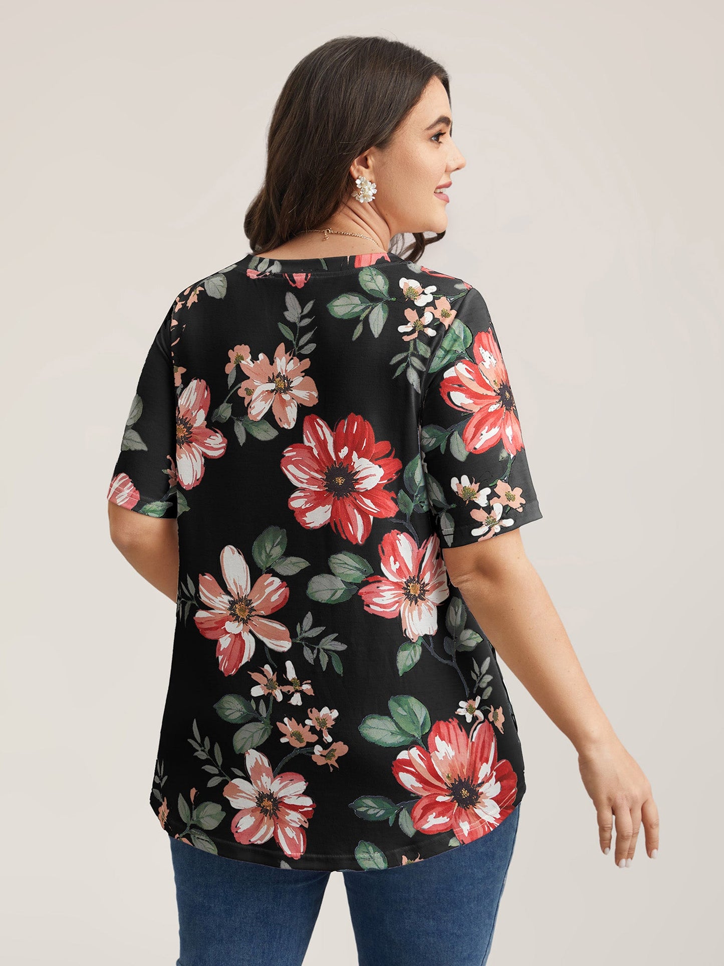 Mehrfarbiges Blumendruck V-Ausschnitt T-Shirt