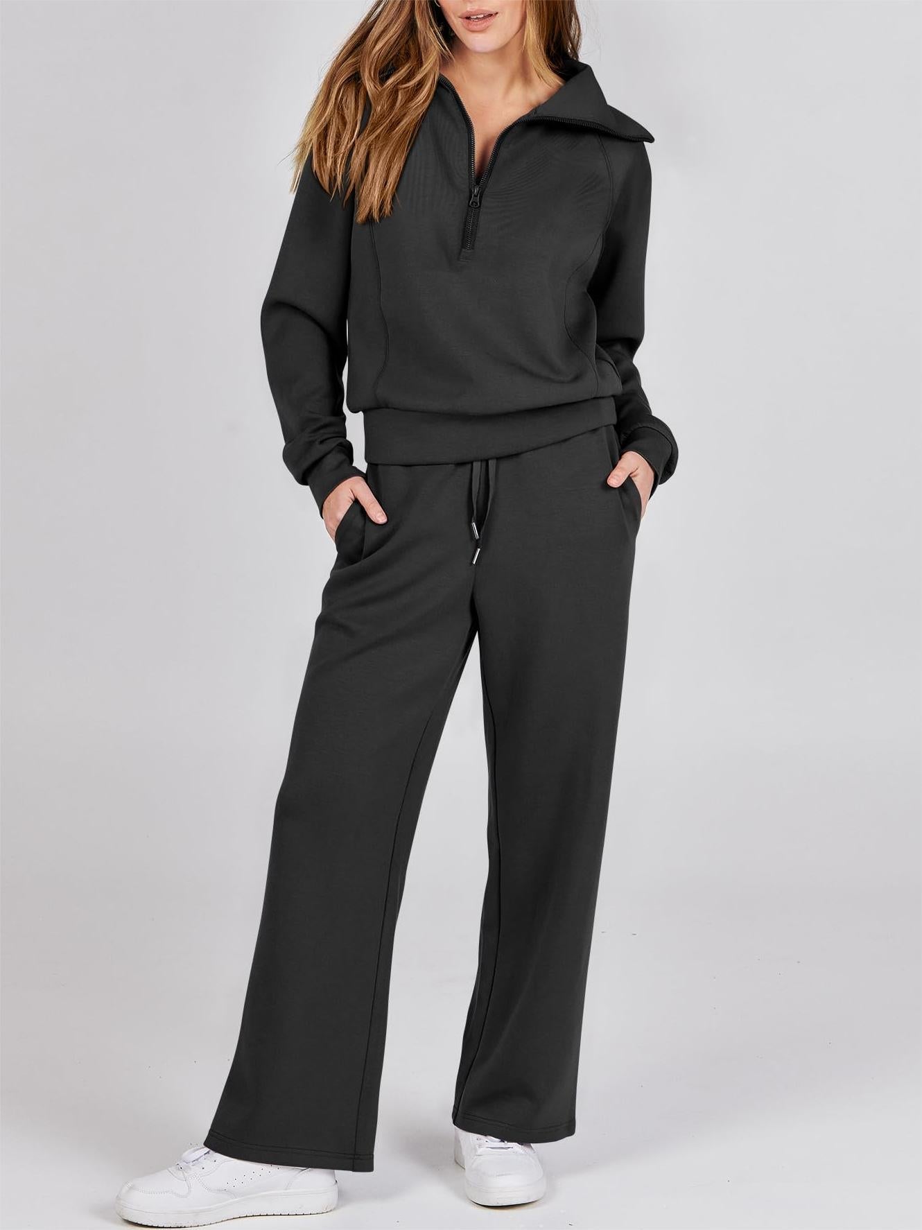 Navy - Half Zip Sweatshirt + Wide Leg Sweatpant Set
