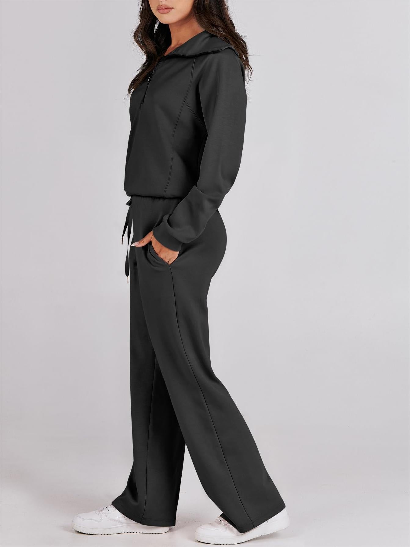 Navy - Half Zip Sweatshirt + Wide Leg Sweatpant Set