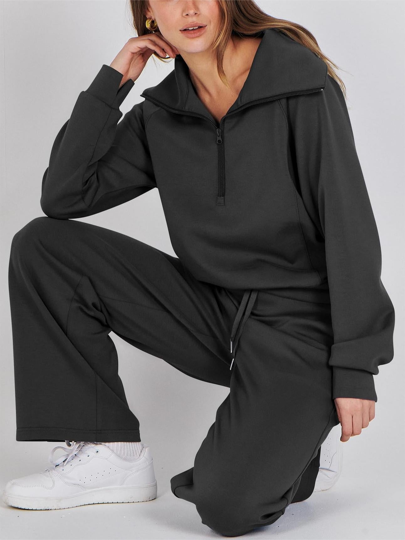 Navy - Half Zip Sweatshirt + Wide Leg Sweatpant Set