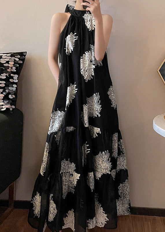 Französisches schwarzes kaltes Schulter besticktes Baumwollkleid Sommer