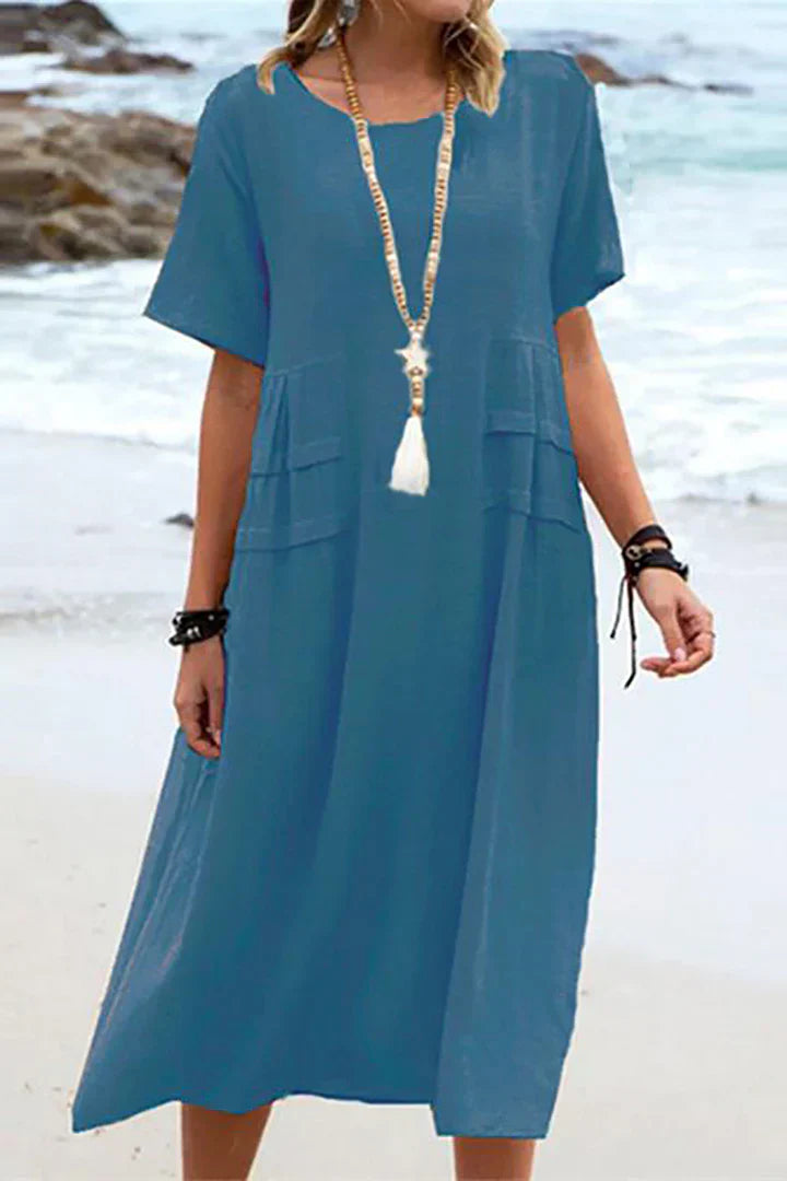 Damen Freizeitkleid mit kurzen Ärmeln und Rundhalsausschnitt