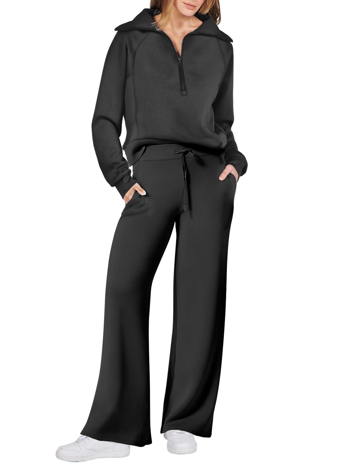 Navy - Half Zip Sweatshirt + Wide Leg Sweatpant Set