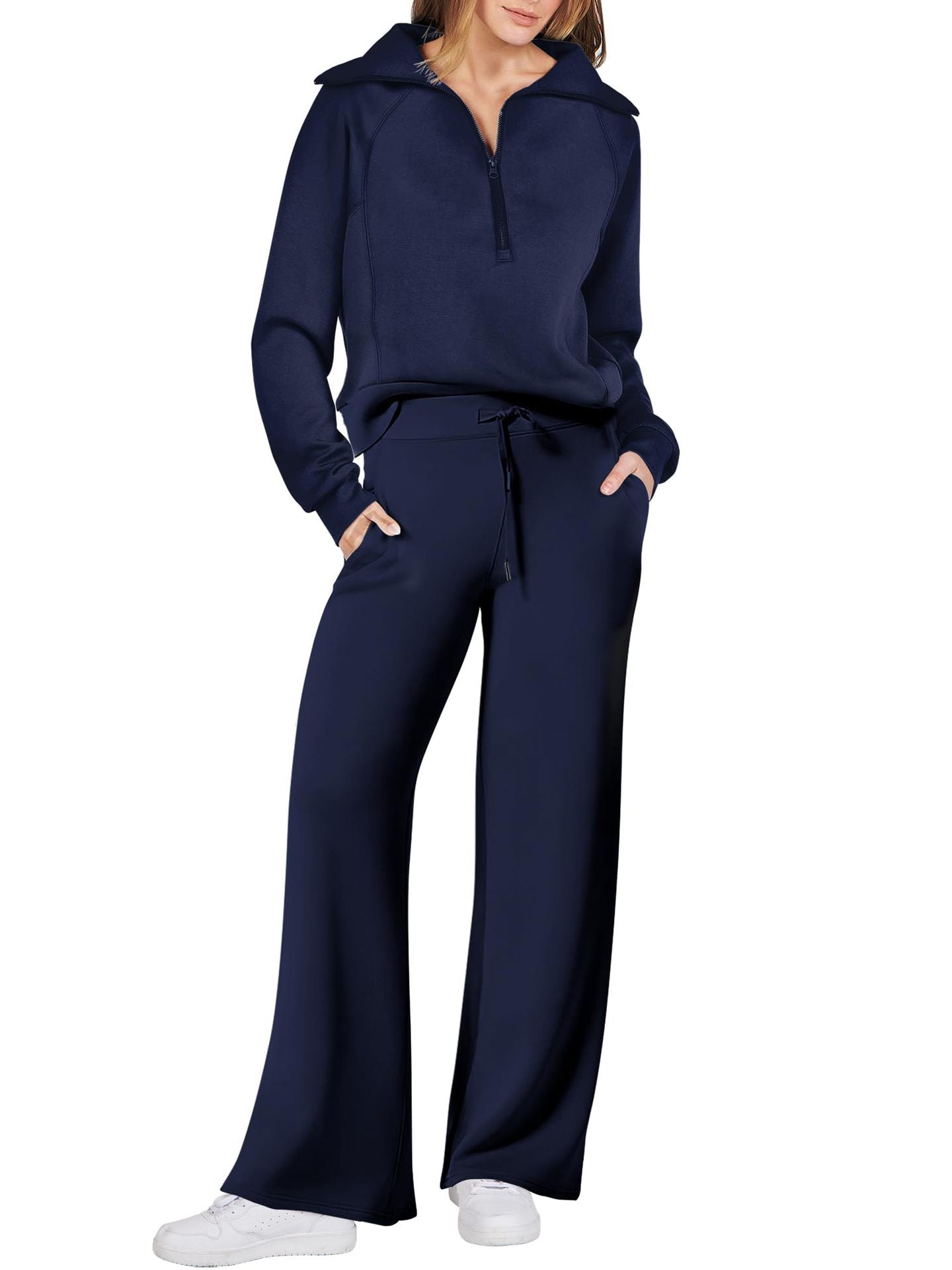 Navy - Half Zip Sweatshirt + Wide Leg Sweatpant Set