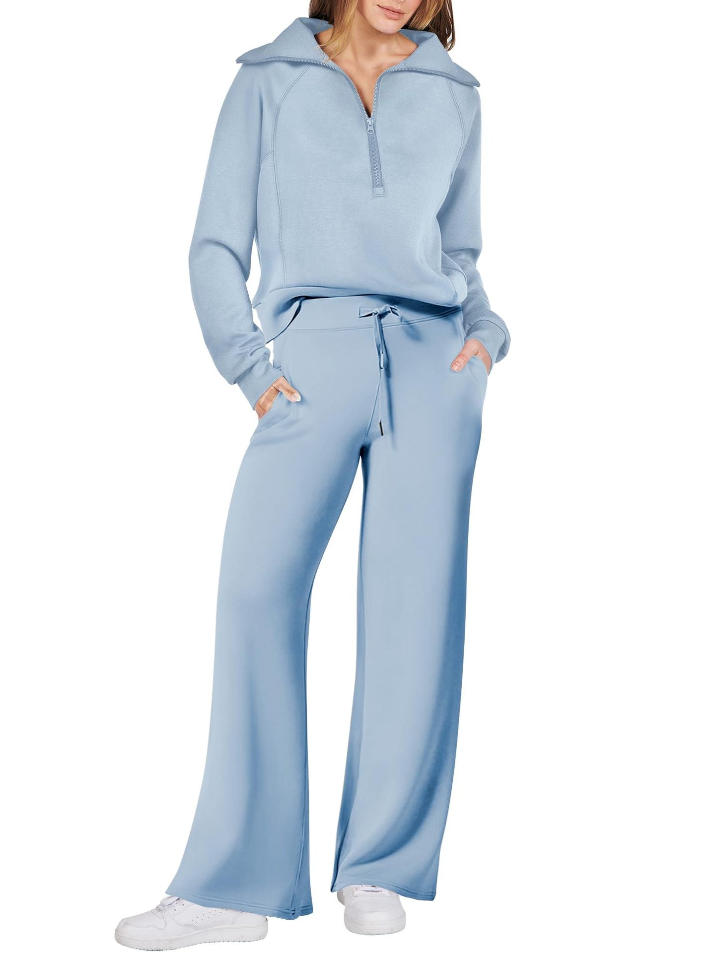 Navy - Half Zip Sweatshirt + Wide Leg Sweatpant Set