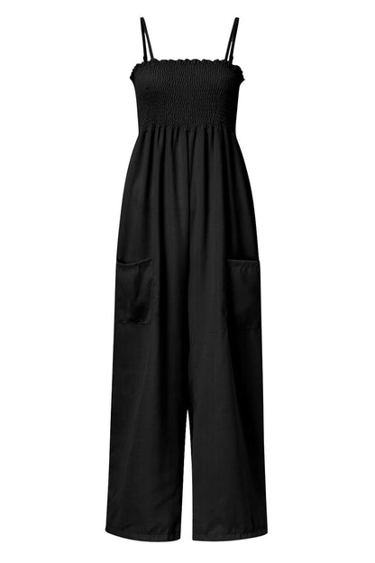 Geraffter Spaghetti-Träger weiter Beinausschnitt Jumpsuit