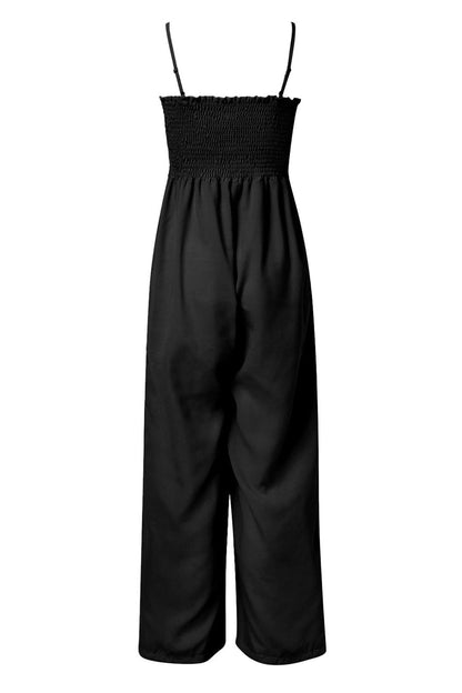 Geraffter Spaghetti-Träger weiter Beinausschnitt Jumpsuit