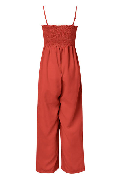 Geraffter Spaghetti-Träger weiter Beinausschnitt Jumpsuit