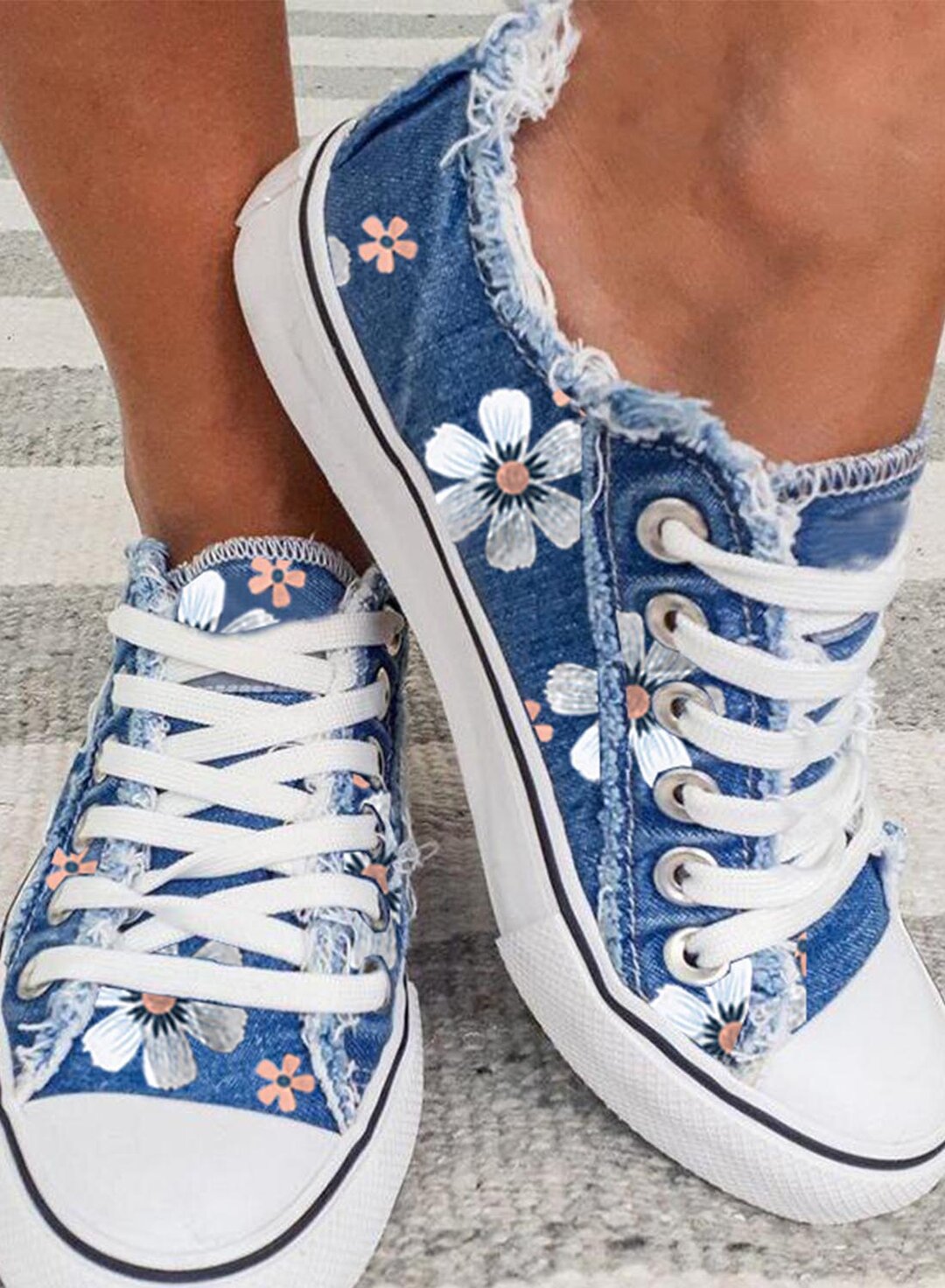 Damen Sneaker Blumen Schnürschuhe aus Leinwand